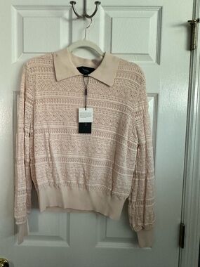 NWT Aleeza Paris Blush Pink Crochet Knit Polo Sweater